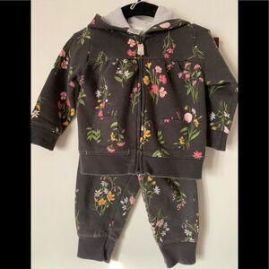 Carter’s dark grey floral pattern 2-pc distressed set:cuffed pants-hoodie, 9 mon